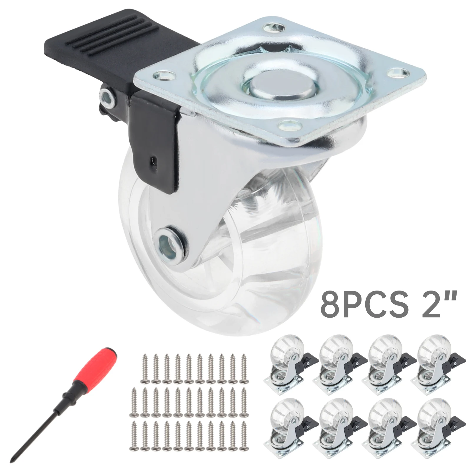 8pcs 2 Inch Caster Wheels PU Crystal Universal Brake Wheels for Carts / Cabinet / Dressers with 32pcs Screws, Screwdriver Tool