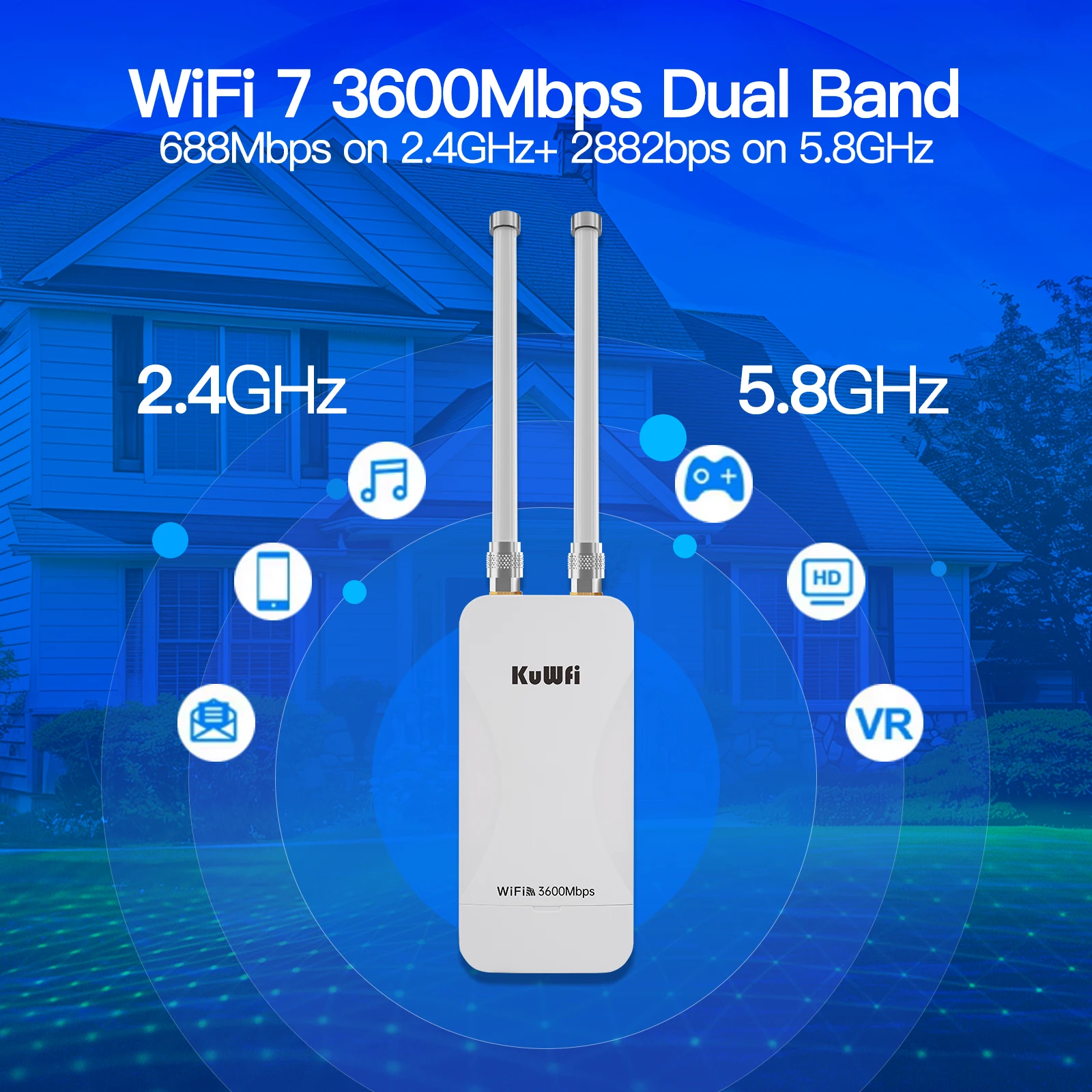 KuWFi BE3600 Outdoor AP Router 2.4GHz 5GHz Dual Wi-Fi7 Router Gigabit RJ45 Port Support POE / Solar DC Power IP65 Waterproof