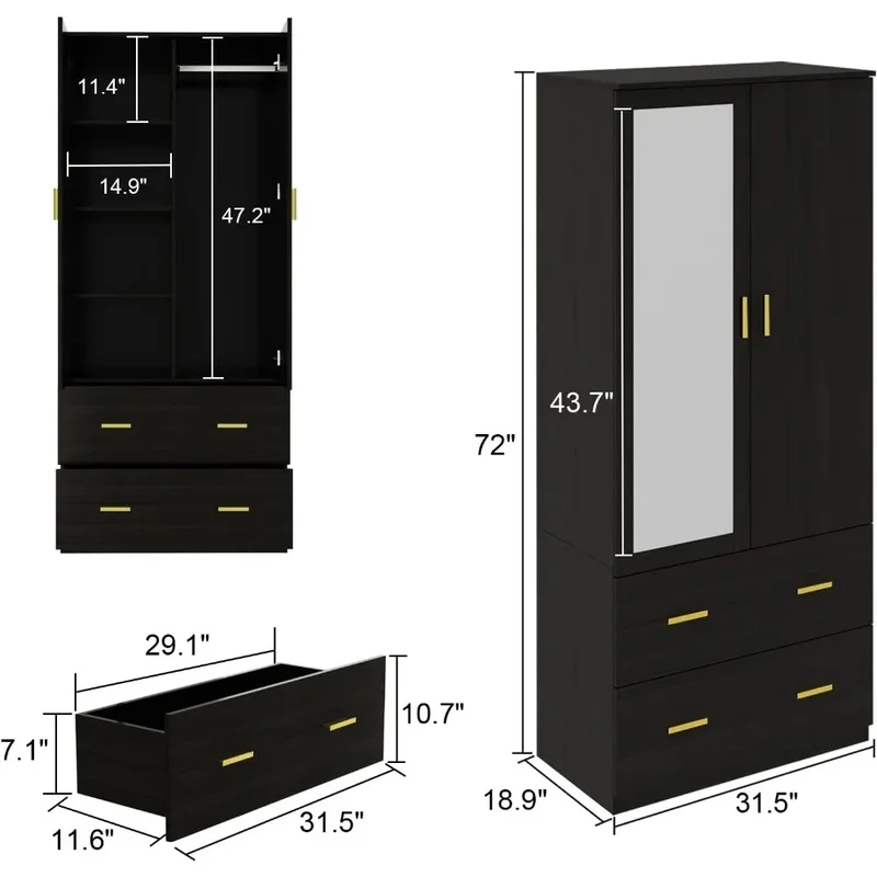 

2-Door Mirrored Wardrobe Armoire with Drawers, Shelves, and Hanging Rod