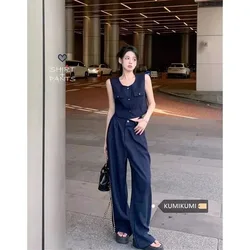 Temperament Casual Vest Wide Leg Pants Two-piece Set Women O-neck Sleeveless Single Breasted Solid Slim Summer Chic Lady Suit