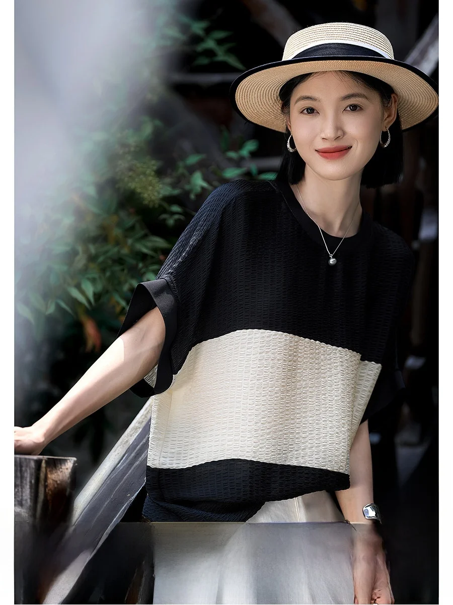 

Faionable Casual Silk Small Top Xhange Ge Steel Piano Summer New Arrival Breathable Loose Fit round Ne ort Sve Women...