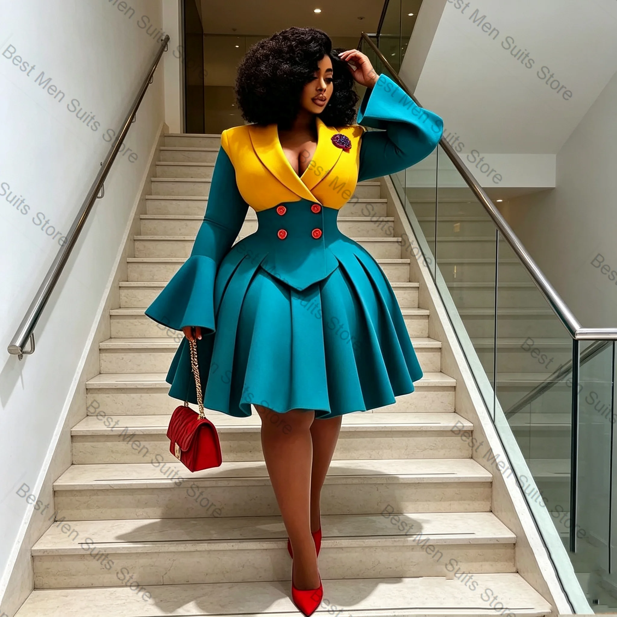 Yellow Blue Women Suit Skirt Set 2 Pcs Blazer Prom Dress Cotton Formal Office Lady Jacket Customized Wedding Tuxedo Guest Coat view 4
