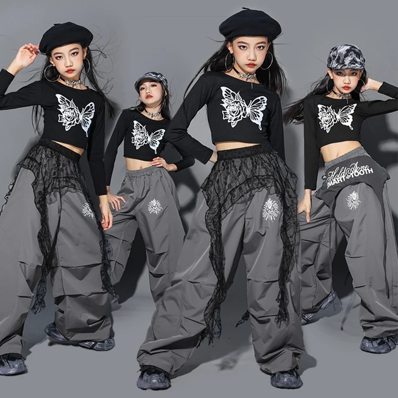 

Одежда для джазовых танцев, детский сценический наряд Kpop, черный укороченный топ, серые мешковатые брюки, модная одежда для девочек, уличная одежда в стиле хип-хоп AMY2519