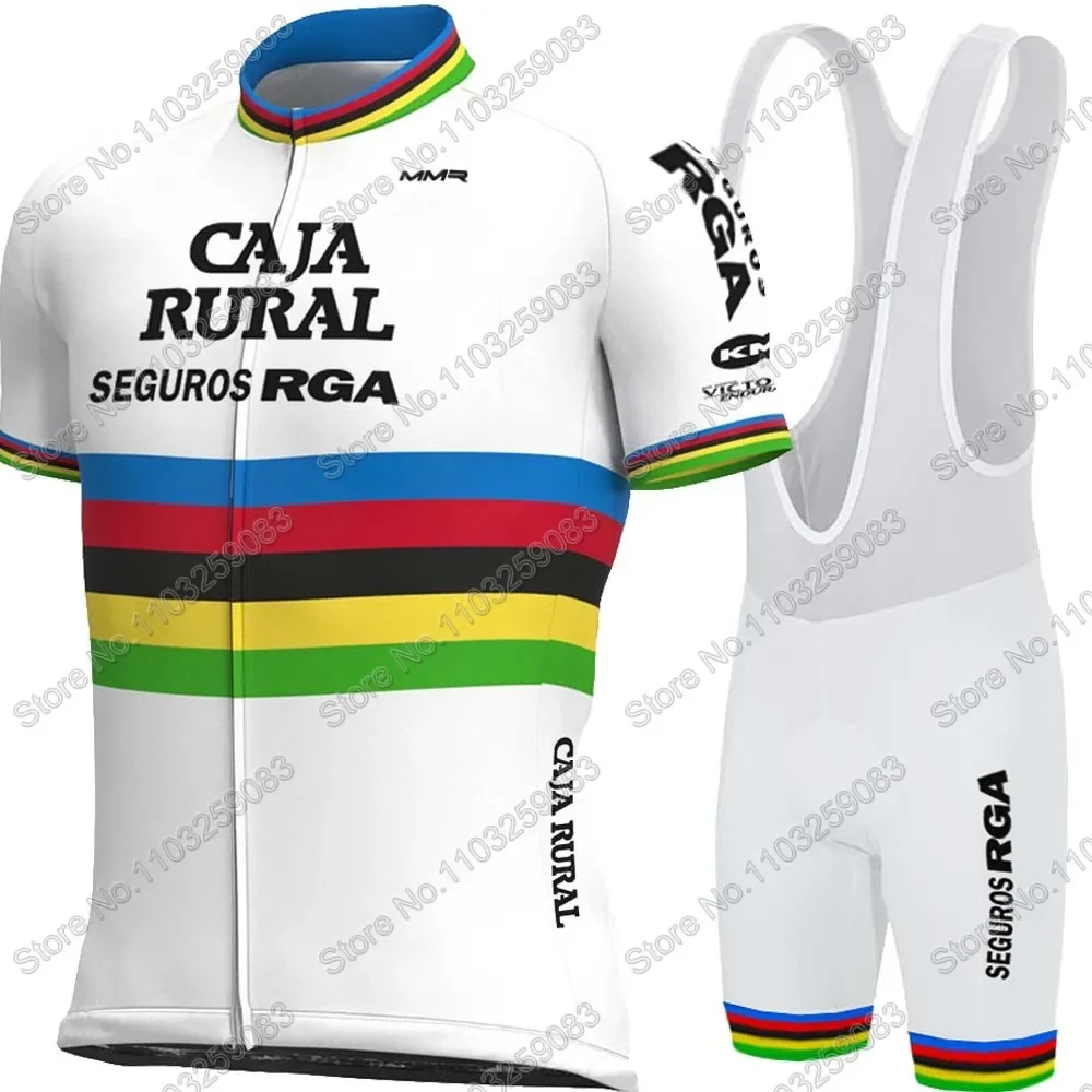 White Caja Rural 2024 Team World Champion Cycling Jersey Set Short Sleeve Clothing Road Bike Shirts Suit MTB Wear