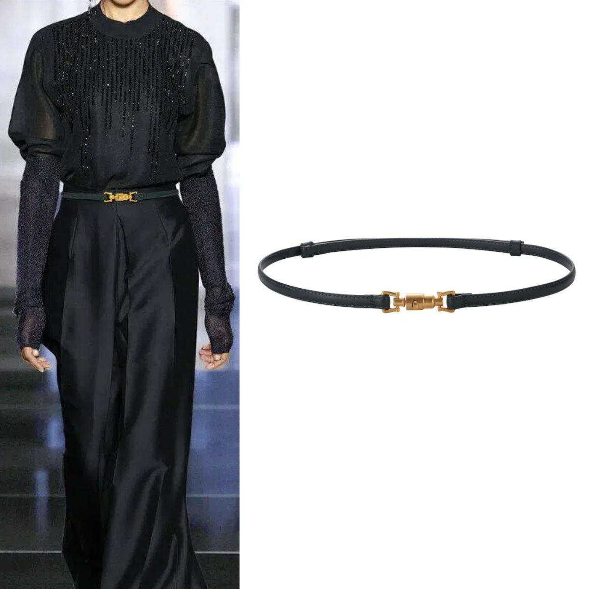 

Женский узкий ремень из натуральной кожи — регулируемый черный тонкий пояс без отверстий с золотой пряжкой в стиле ретро для платьев и джинсов