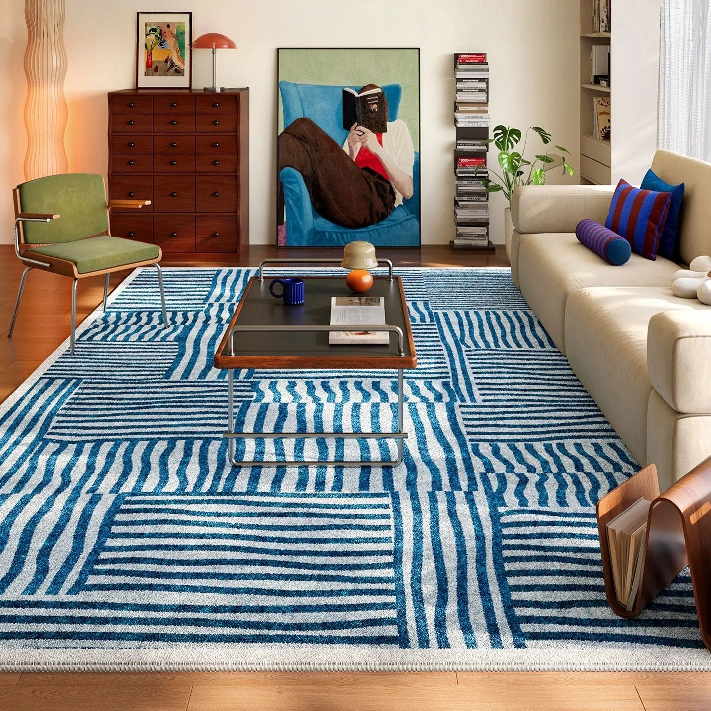 Blue Geometric Living Room Carpet Fashion Decoration Home Sofa Area Non-slip Large Rugs Bedroom Cloakroom Easy Clean Foot Mat