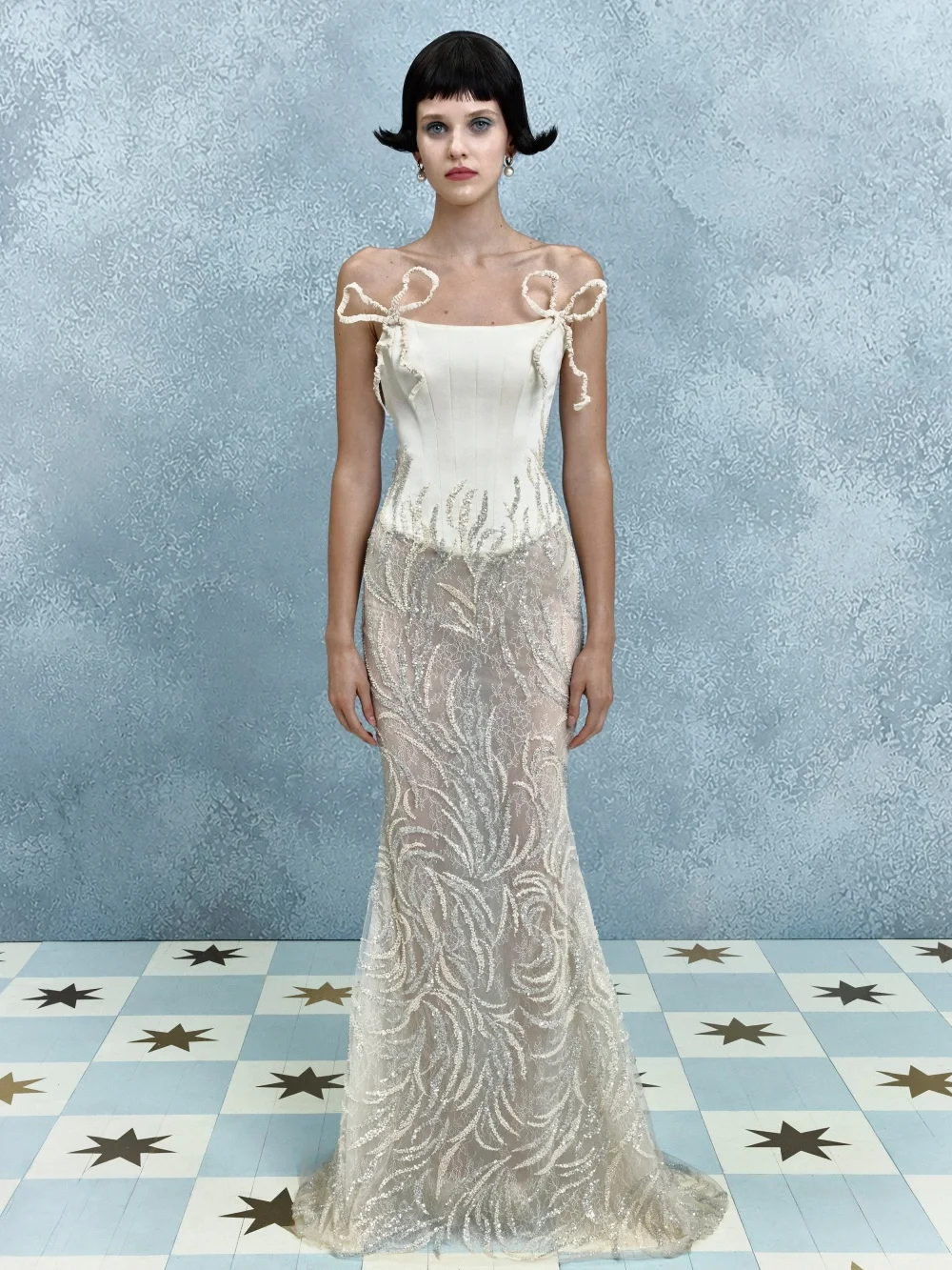 Glamorous Spaghetti Strap Gown Bow Tie Shoulder Straps Corset Bodice Sequin Evening Gown Party Dress Wedding Guests فساتين سهرة view 3