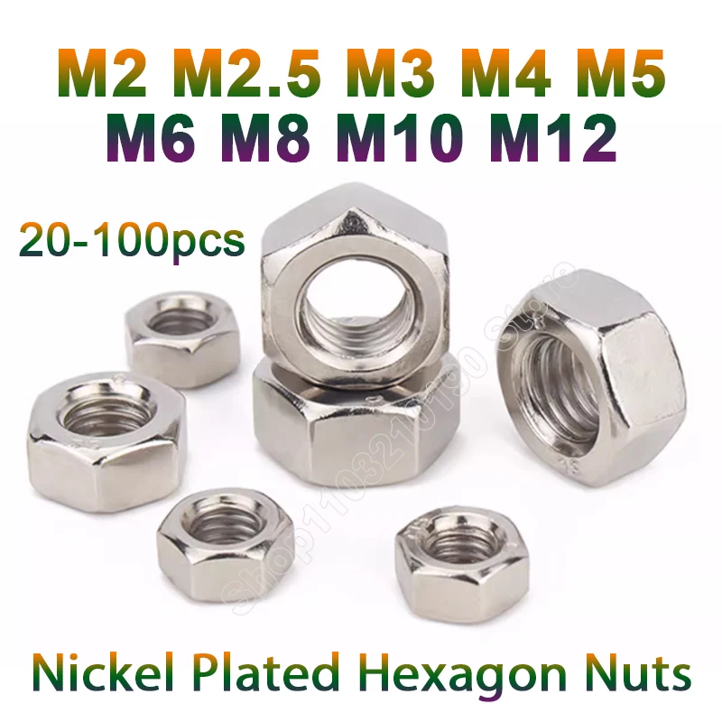 10-100Pcs M2 M2.5 M3 M4 M5 M6 M8 M10 M12 DIN934 Nickel Plated Carbon Steel Metric Hex Nuts Hexagon Nut Screw Cap