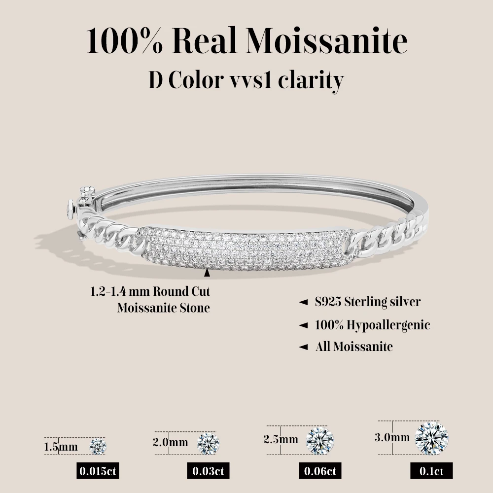 ATTAGEMS 925 Sterling Silver Moissanite Cuba Chain Bangle For Women Men Engagement Party Adjustable Charm Bracelet Fine Jewelry