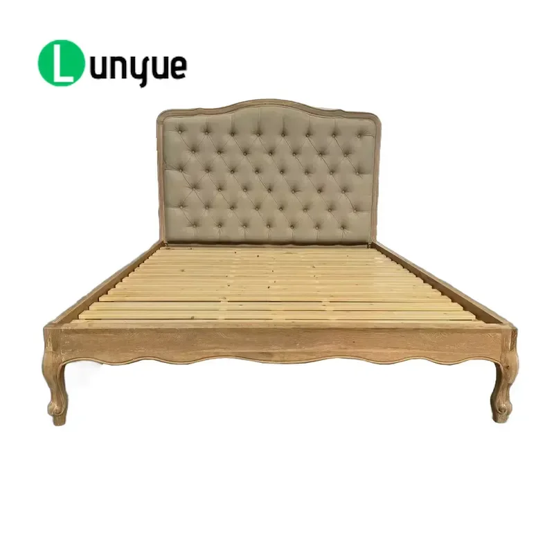 French Style Solid Oak Wood Bed Frame with Button Tufted Upholstered Headboard Elegant Bedroom Furniture for Master Guest