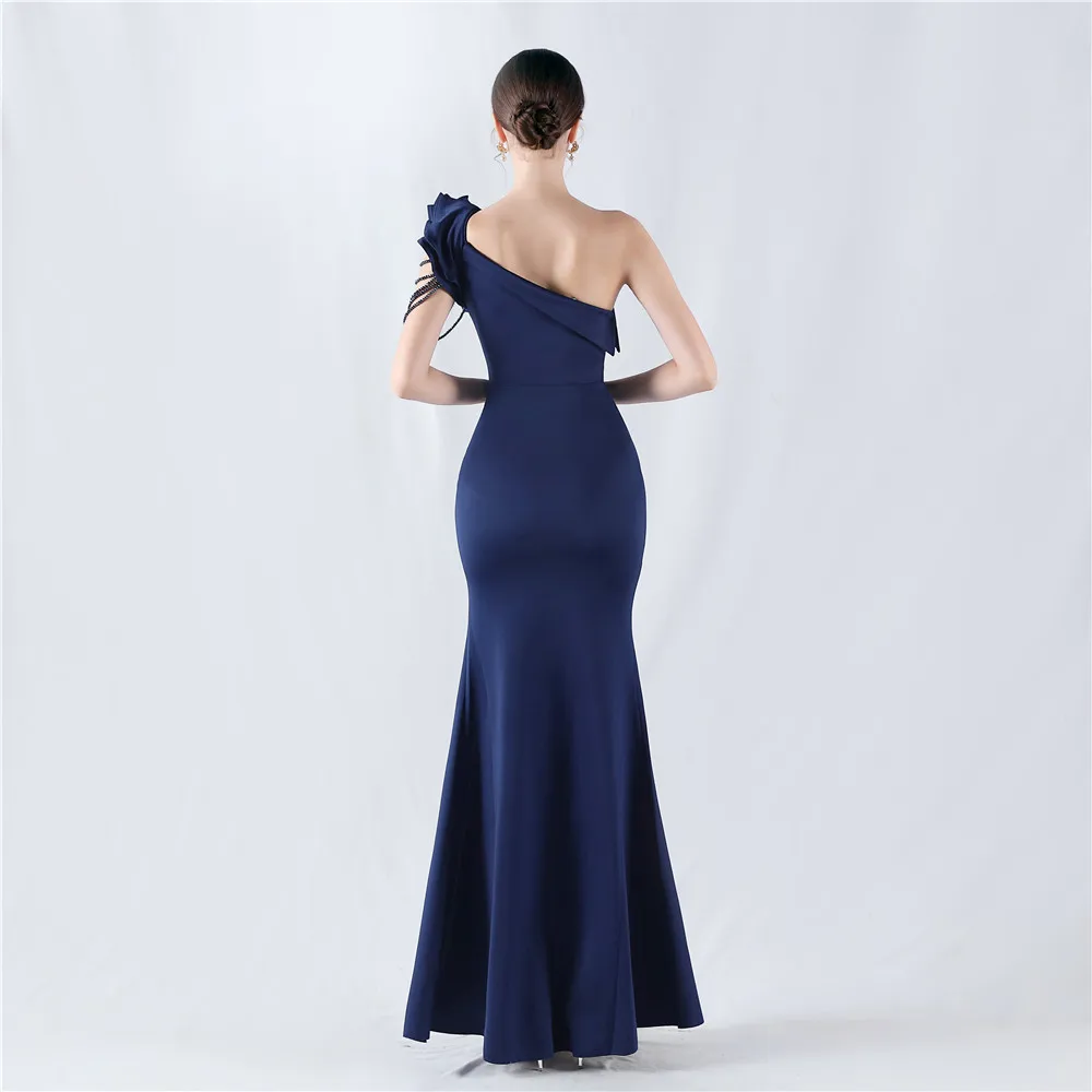 DEERVEADO Mermaid One Shoulder Evening Dress for Woman Elegant Soft Satin Wedding Party Dresses with Beads Prom Dress Long