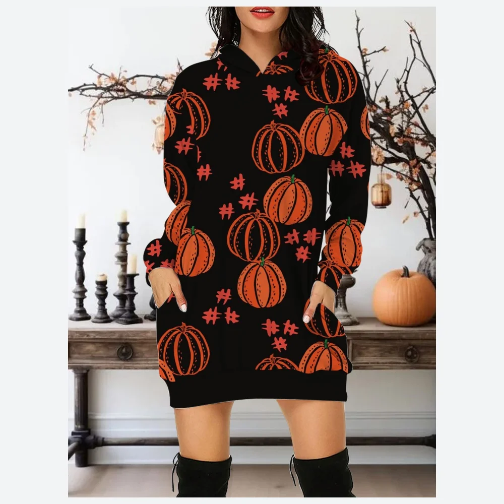 Evil Pumpkin Halloween Hoodies Fall Streetwear Pumpkin Pullover Sweatshirt Dresses Oversize Halloween Sweatshirts Short Dresses