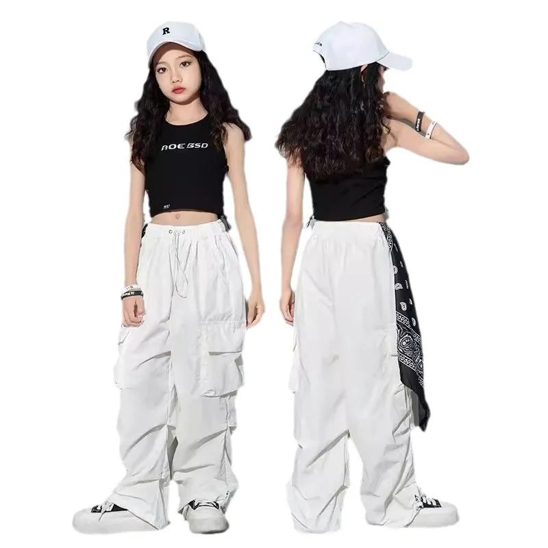 Girls Hip Hop Joggers Pants Kids Cargo Pants Teenage Straight Trousers High Waist Vintage Casual Streetwear Baggy Pants 5-14Y