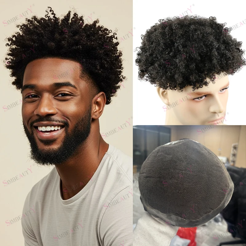 رجل أسود 8 مللي متر الأفرو غريب مجعد 6 بوصة طويلة دائم الرجال الشعر البشري الشعر المستعار شعري طبيعي Q6 الدانتيل الجبهة أحادية قاعدة نظام الشعر شعر مستعار