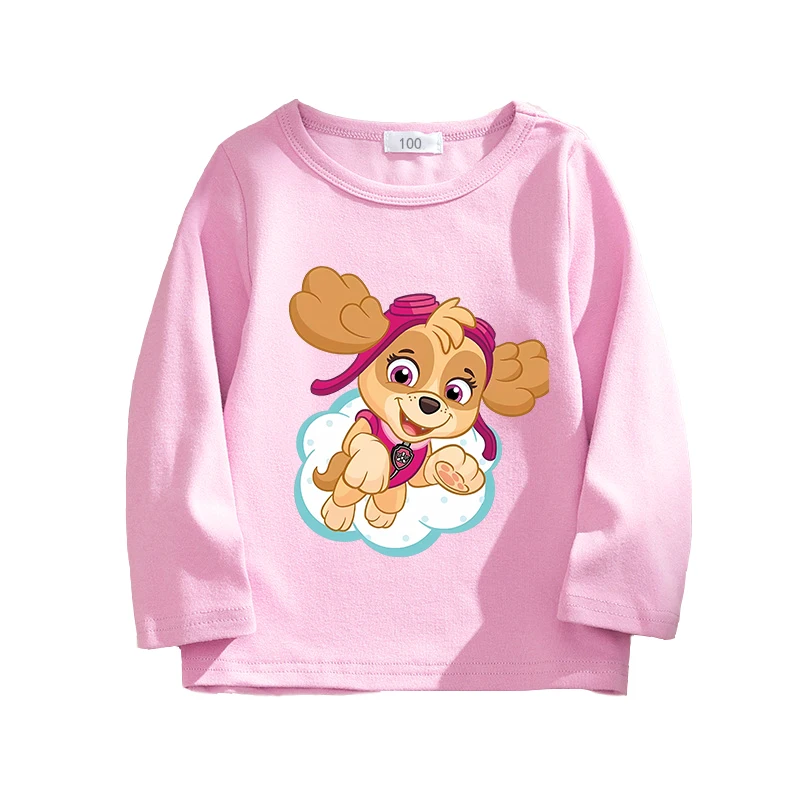 幼児用の足パトロールTシャツ,ピンクのTシャツ,長袖,クルーネック,漫画の犬,ベビーカジュアルウェア