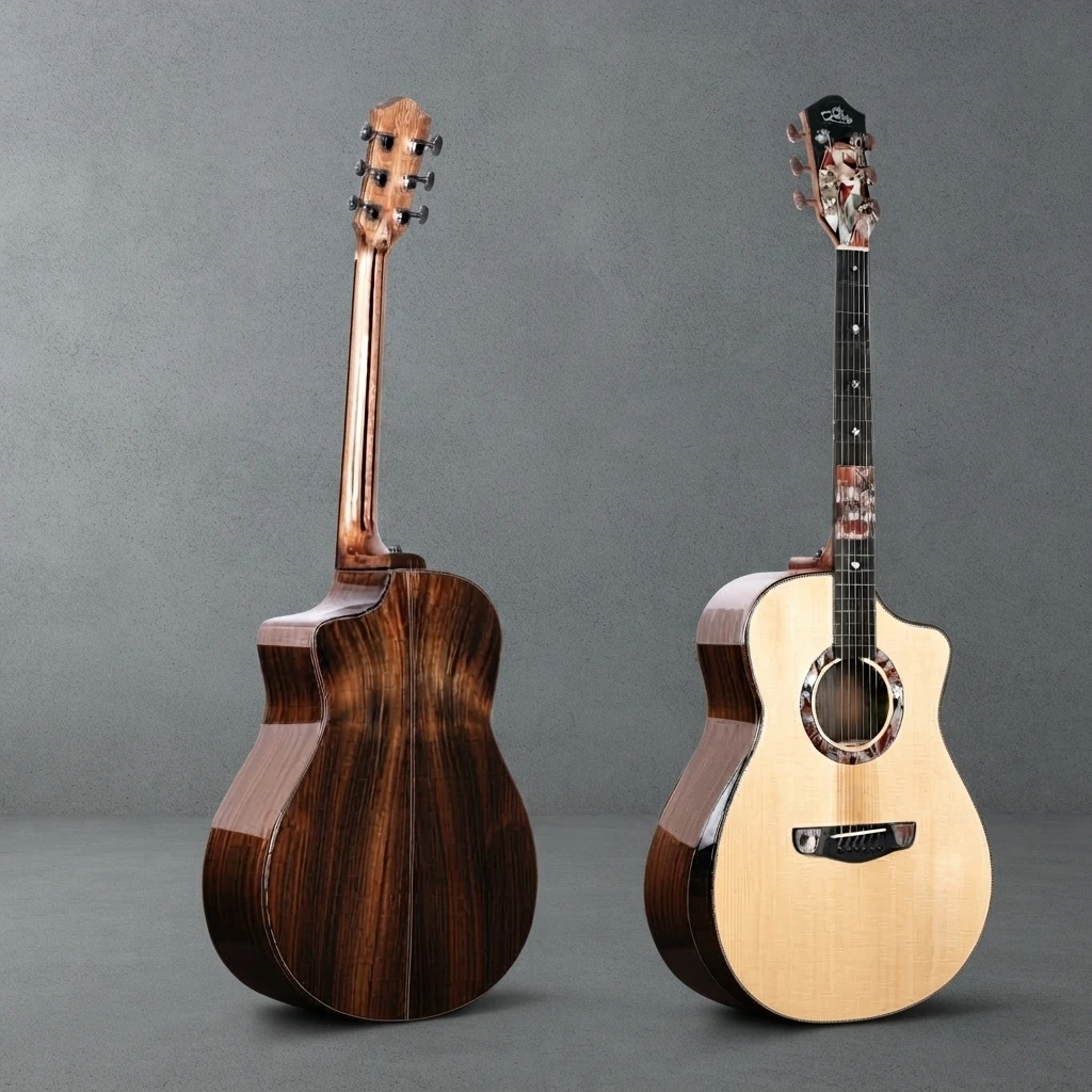 GA Cutaway All Solid Acoustic Guitar, Folk Style, Colorful Inlay, Gloss Finish, Chrome Tuners, 6 Strings for Stage Performance