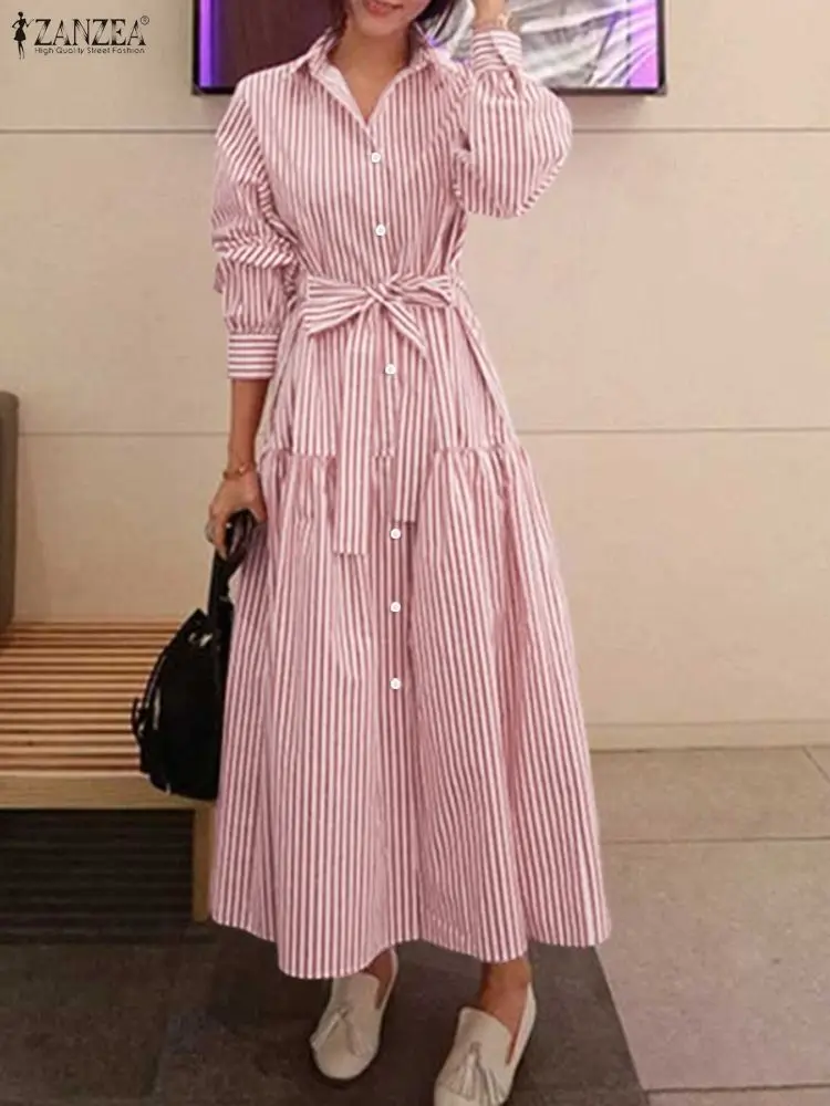Zanzea escritório vestidos femininos 2025 outono elegante lapela pescoço manga longa camisa vestido casual listra trabalho vestidos botões para baixo robe