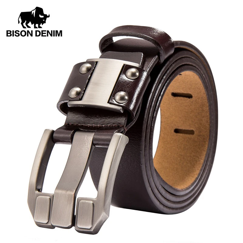 

BISON DENIM Men's Jeans Belts Pin Buckle Cowhide Genuine Leather Belts Vintage Brand Waistband Strap Belt For Men Male N71350