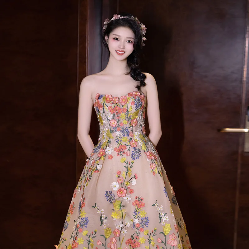 

New Exquisite Strapless Evening Dress High end Heavy Floral Embroidery prom Gown Elegant Sleeveless A-line Tulle Robe De Soiree