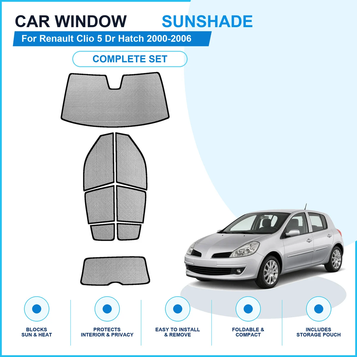 For Renault Clio 5 Dr Hatch 2000-2006 Custom Full Set Window Sunshades Aluminum Foil Suction Cup Anti UV Privacy