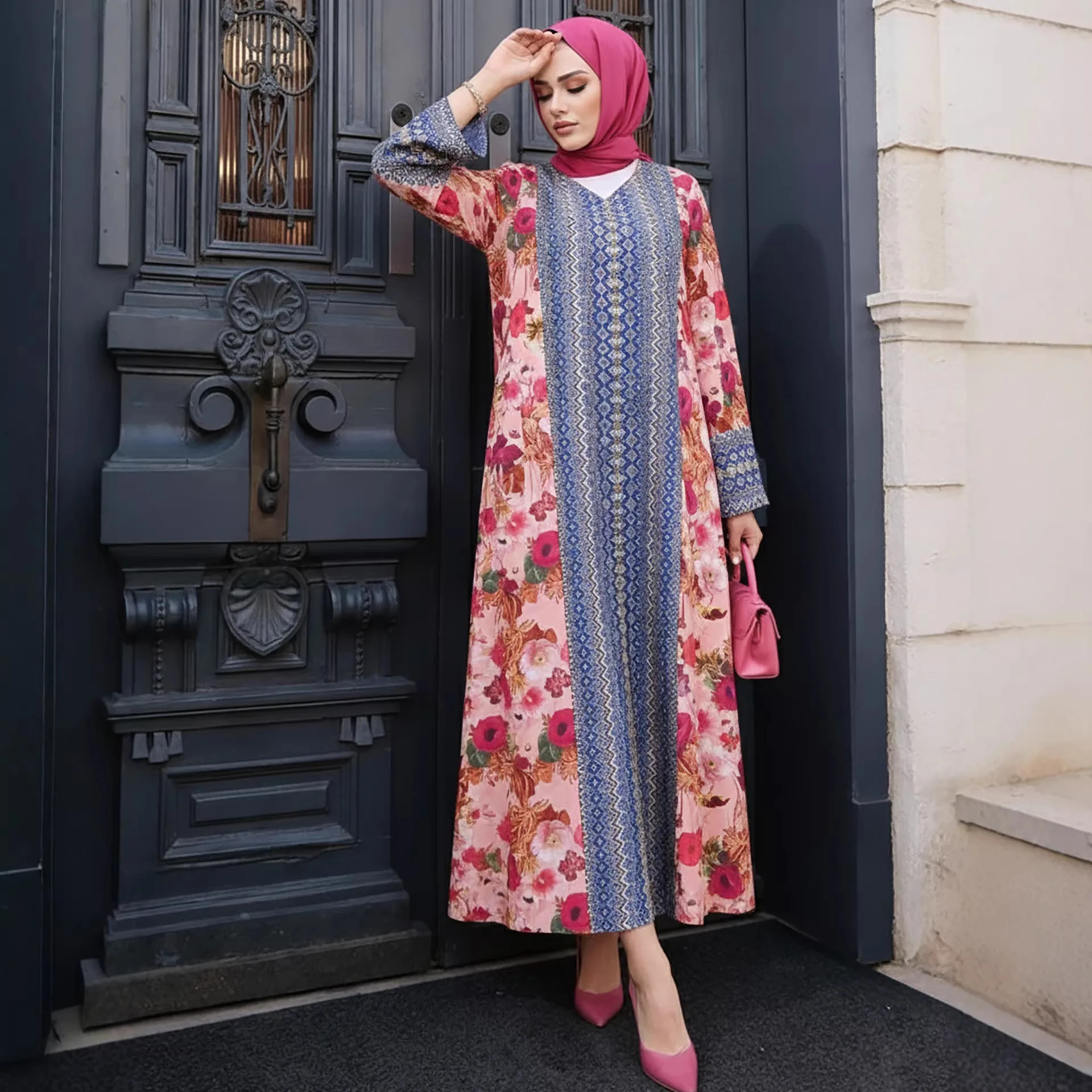 Long Dress Abayas Women Eid Muslim Party Dresses Jalabiya Flower Print Robe Ramadan Morocco Dubai Maxi Gown Vestidos Arab Kaftan