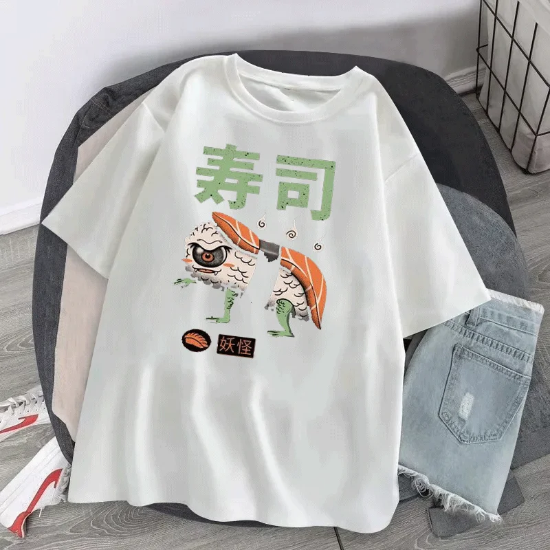 Japan Ukiyo E Style Sushi Dragon Funny Print Man T Shirt High Quality Cotton Clothing Loose Tees Fashion Cotton Shirt Women Tops