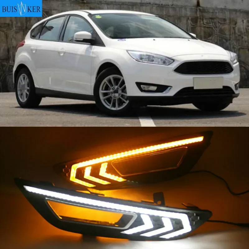 2 шт. для Ford Focus 3 mk3 2015 2016 2017 2018 светодиодные DRL дневные ходовые огни дневного света с желтым сигналом противотуманные фары