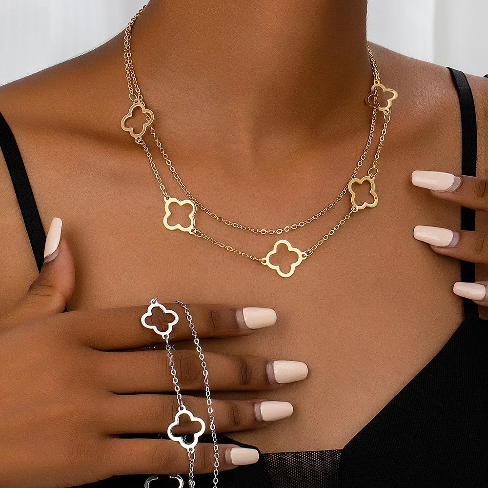 Minimalist Long Four Leaf Clover Hollow Flower Necklace & Bracelet, Womens Collarbone Chain, Earrings, Jewelry Gift Accessories