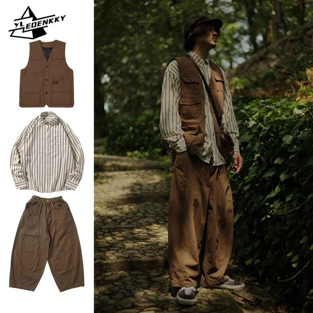 Japanese Vintage Set Men Women Multi-pocket Cargo Vest Spring Autumn Striped Long-sleeved Shirt Loose Casual Pants Three-piece