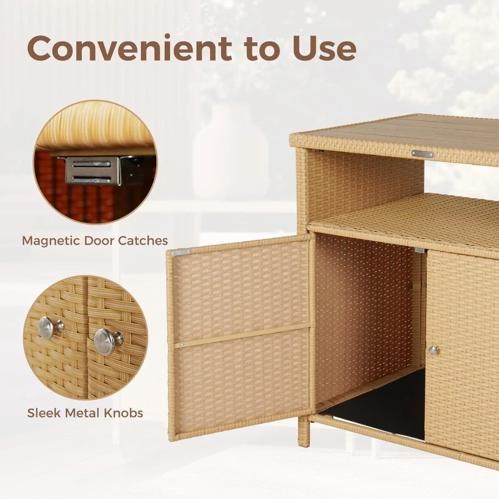 خزانة تخزين خارجية مع سطح من خشب الجوز وخزانة بوفيه من الخيزران المقاومة للطقس وخزانة جانبية من الخيزران ببابين لفناء الحديقة