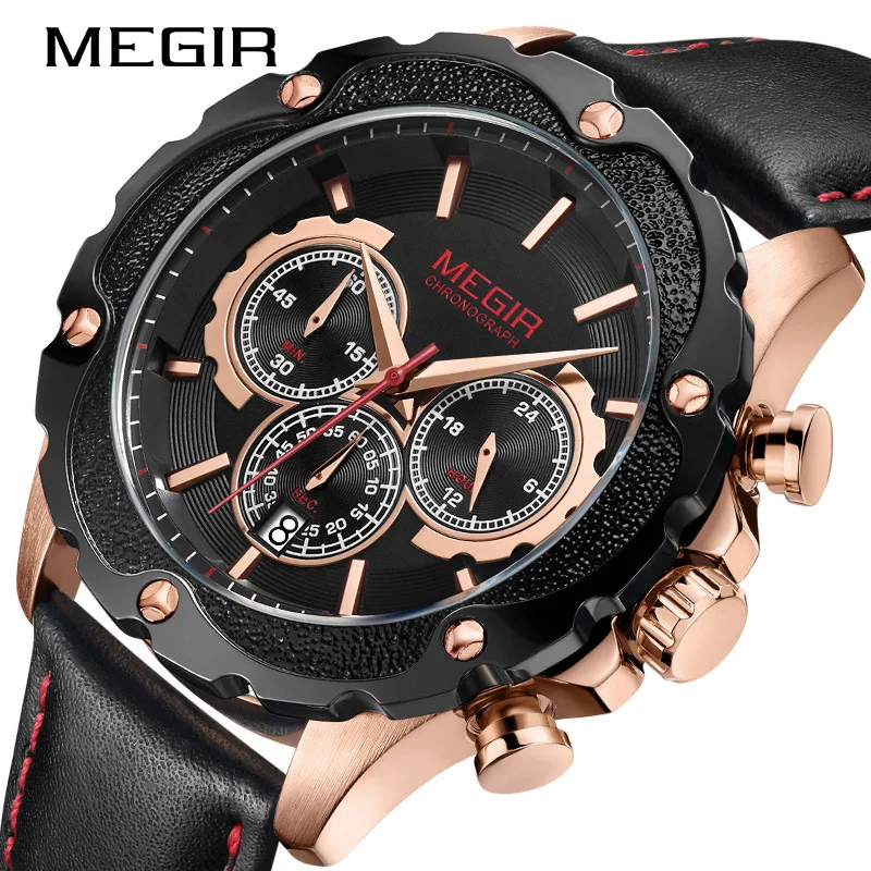 

MEGIR 2070 Men's Quartz Watch Trendy Design Multifunctional Calendar Genuine Leather Strap Sports WristWatches for Male relogio