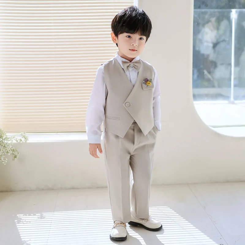 Children Summer Khaki Photography Suit School Boys Vest Pants Bowtie Birthday Ceremony Costume Baby Kids Wedding Party Dress