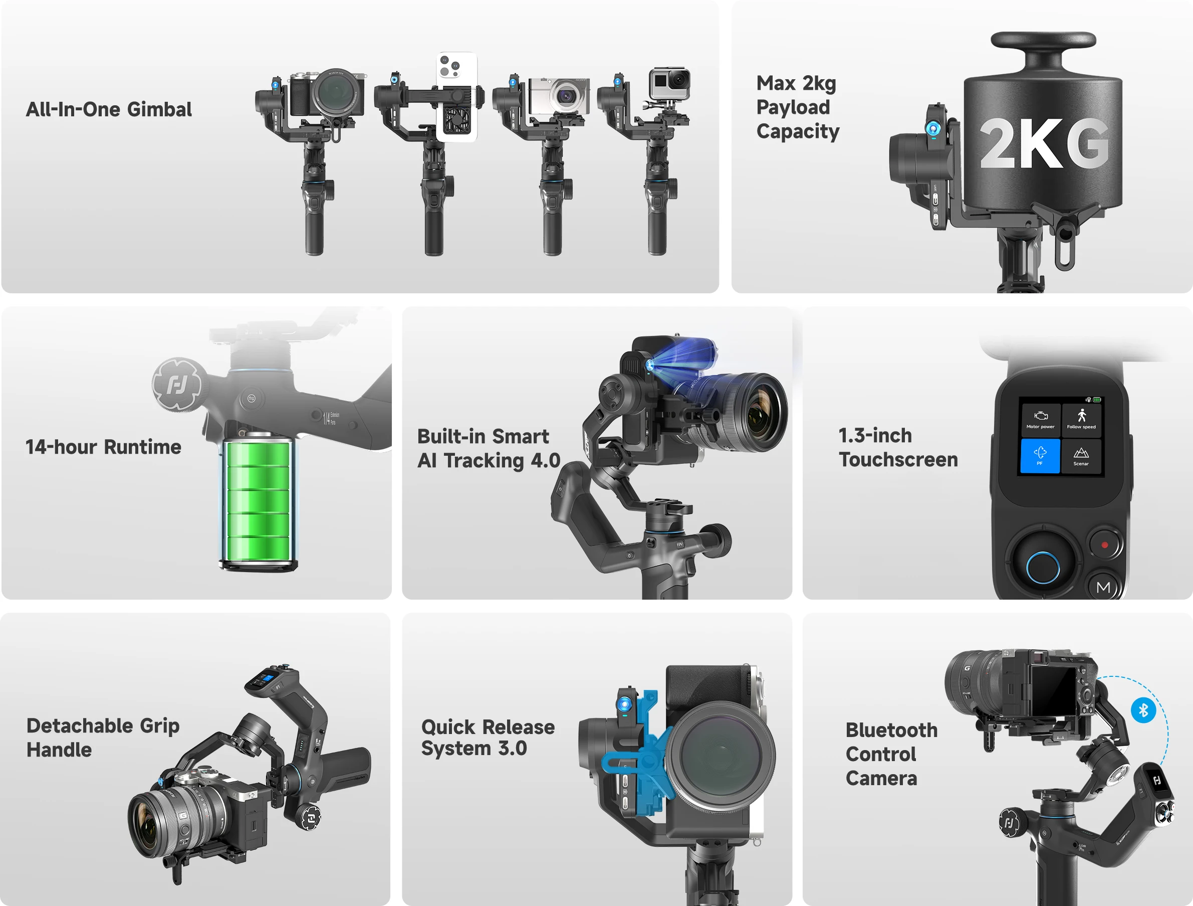 FeiyuTech SCORP Mini 3 Pro 3-in-1 Gimbal für Mirrorless-, Action-Kameras und Smartphones mit KI-Tracking 4.0, Abnehmbarer Griff, Unterstützt bis zu 2 kg, 14 h Akkulaufzeit – Detail 3