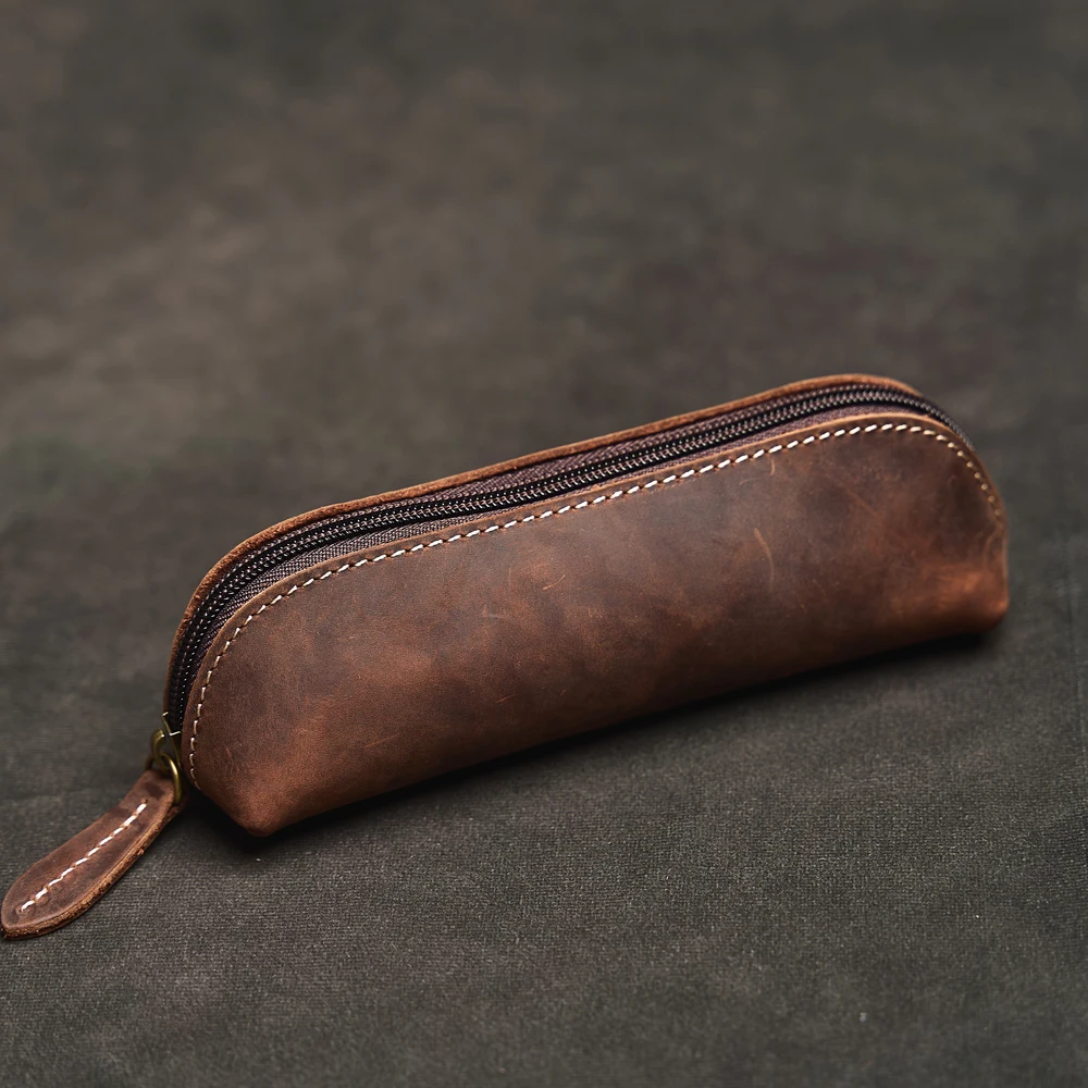 Vintage Leather Pencil Bag Simple Stationery Hoder Pen Case Storage Bag Zipper Pencil Pouch Glasses Box School Supplies