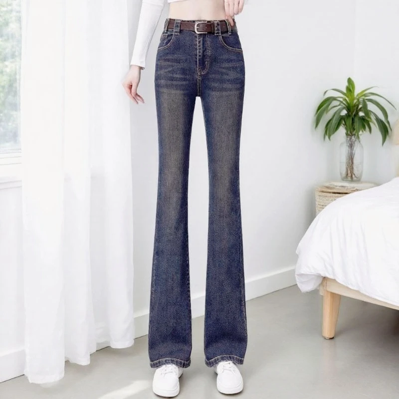 Invisible Zipper Crotch Pants High Waist Micro Pull Jeans Women's Retro 2026 Slim Elastic New Thin Flared Pants Cement Gray
