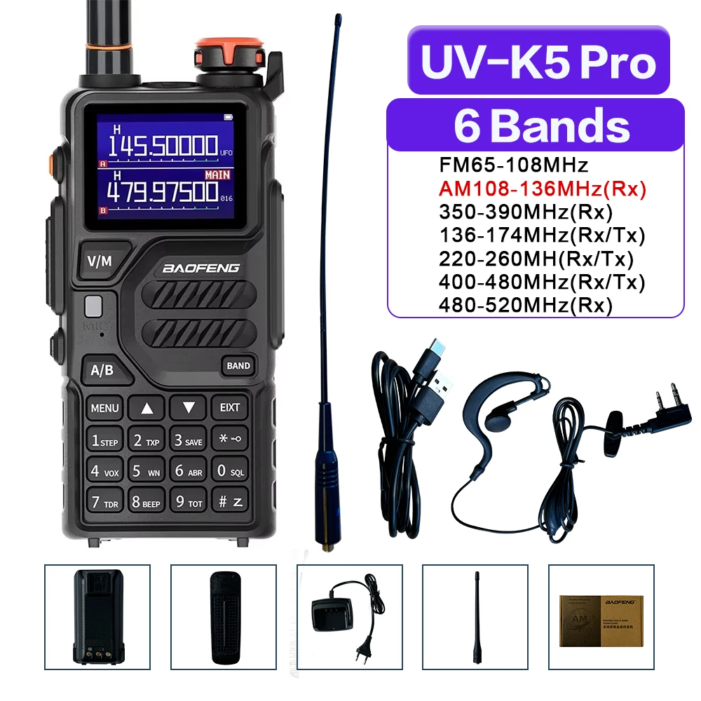 

Baofeng UV-K5 Pro Air Band Walkie Talkie 12 Вт Беспроводная частота копирования Type-C DTMF Двусторонняя радиолюбитель дальнего действия для кемпинга