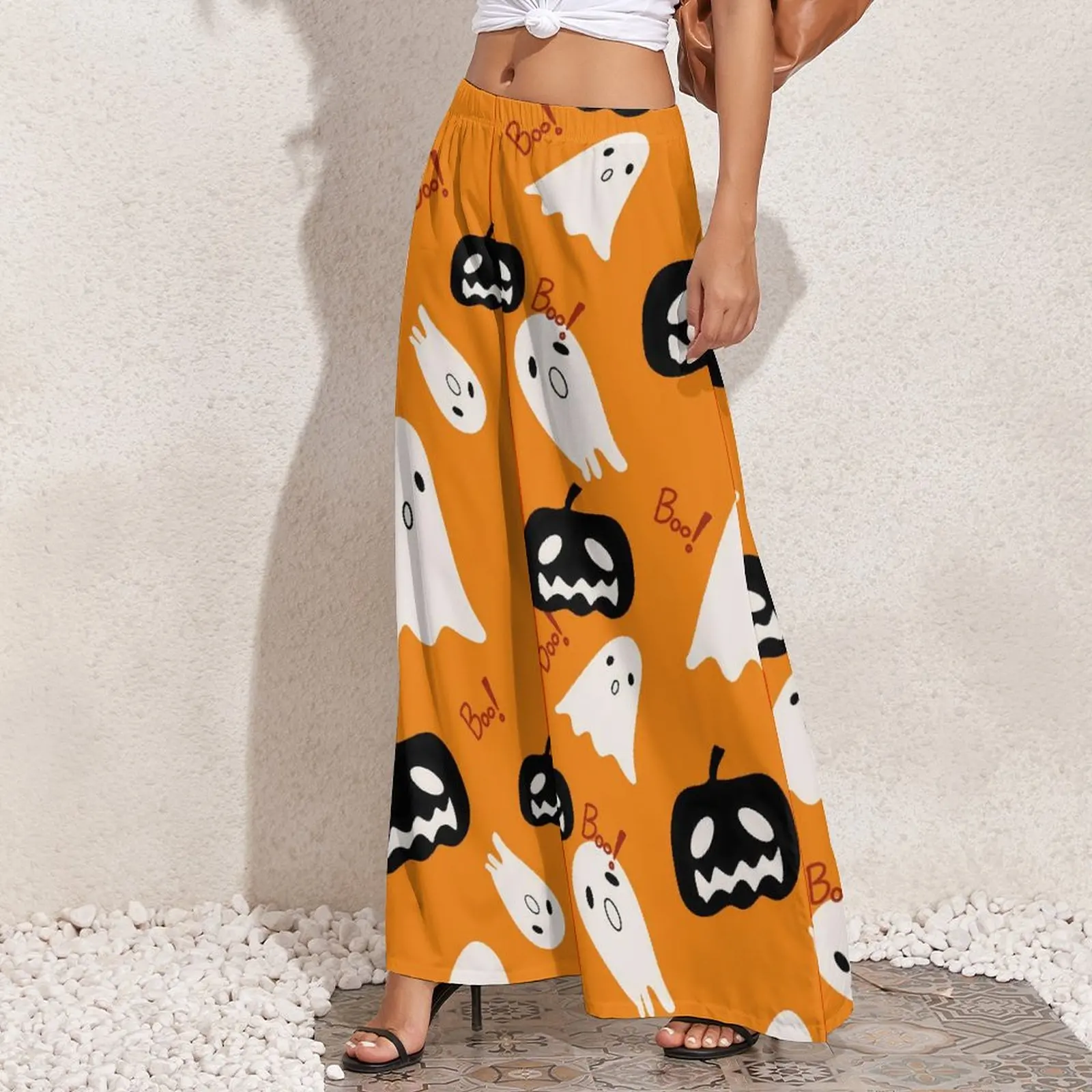 Happy Haunts Pants Women Halloween Pumpkin Ghost Streetwear Trousers High Waisted Trendy Wide Pants Gift