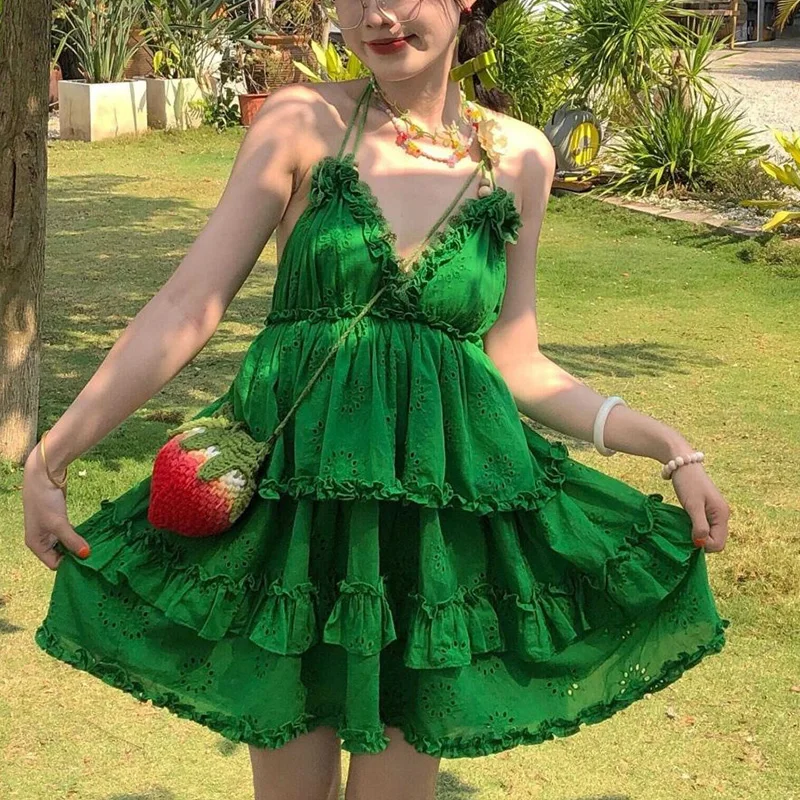 

Красивое летнее модное однотонное мини-платье с v-образным вырезом и открытыми оборками Femme Lolita, милая плиссированная женская одежда, тонкий сексуальный Dre