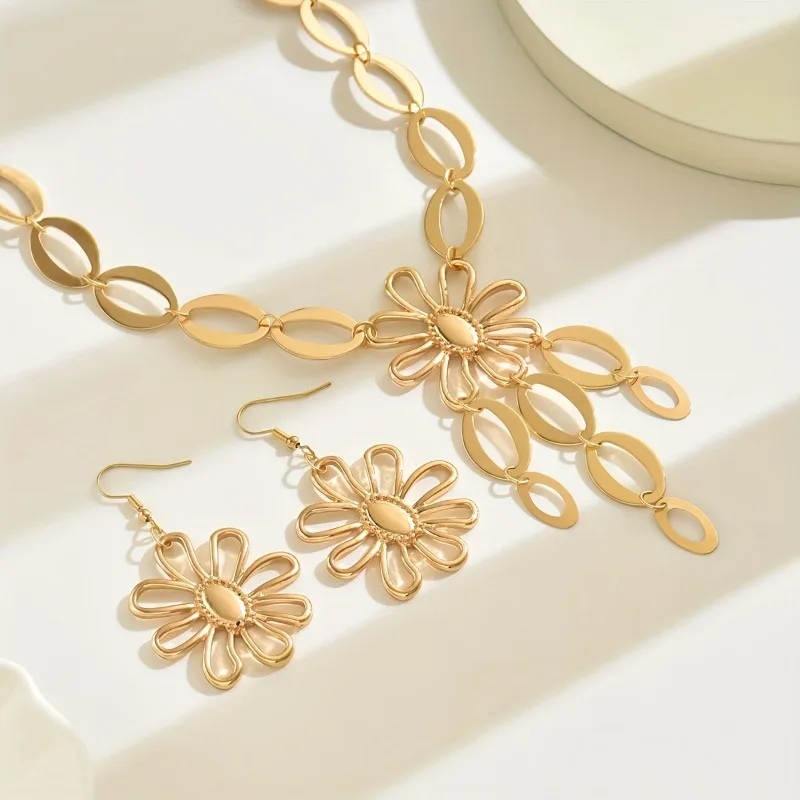 3 قطعة/مجموعة من أقراط قلادة على شكل زهرة بتصميم مجوف شخصي، هدايا مجوهرات للحفلات على الموضة للنساء #2