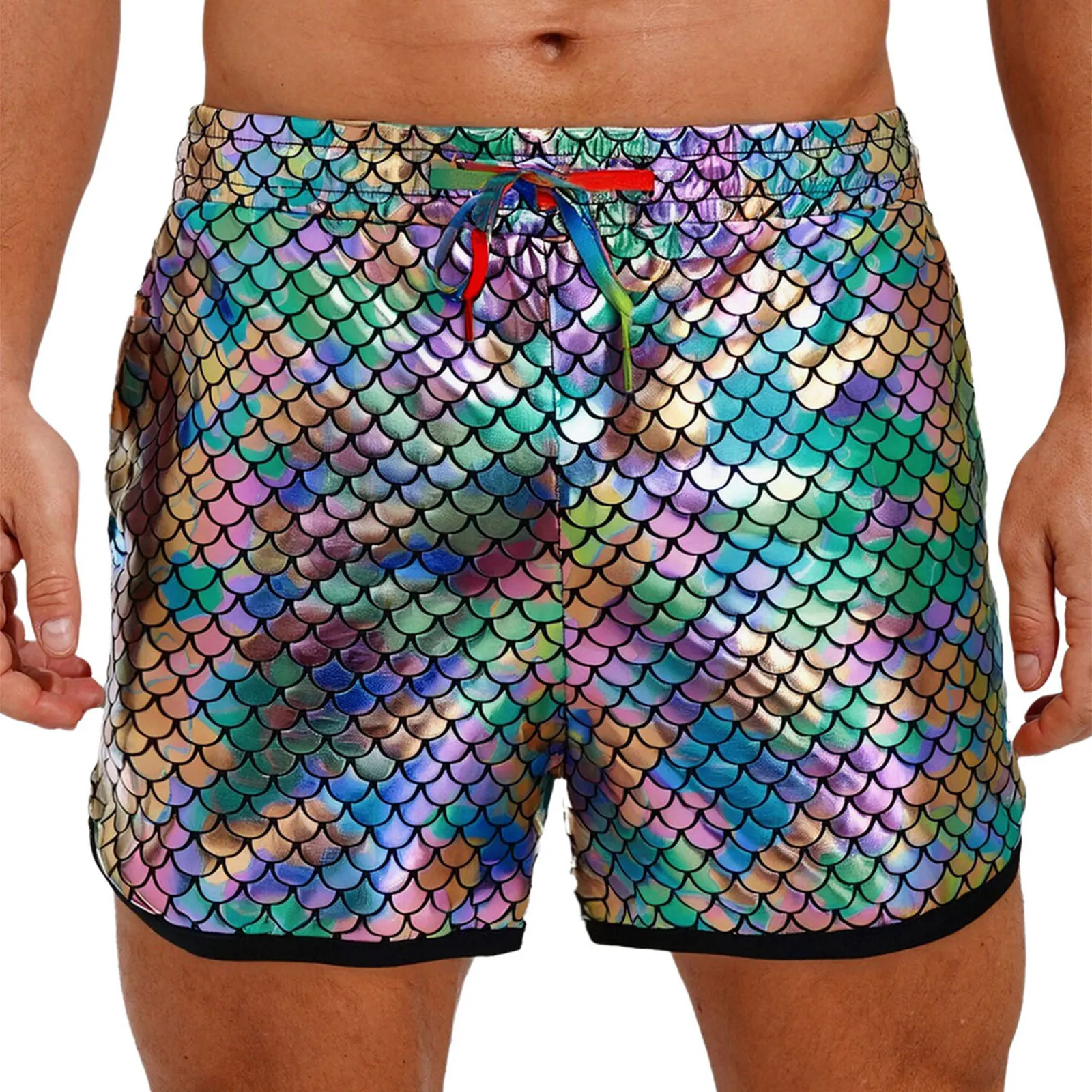 Mens Metallic Shiny Fish Scale Pattern Shorts Slant Pockets Trunks Raves Party Outfits Elastic Waistband Drawstring Short Pants