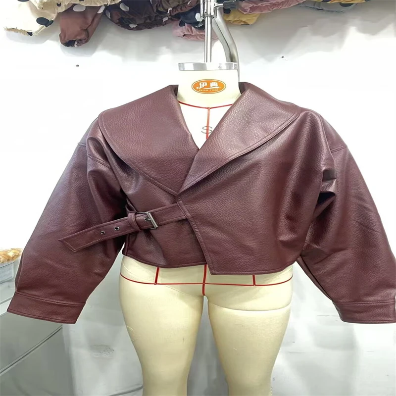 Guobioziy Ladies Vintage Faux Leather Short Jacket Oversized Wide Lapel Wrap Front Side Buckle Belt Design Loose Drop‑Shoulder