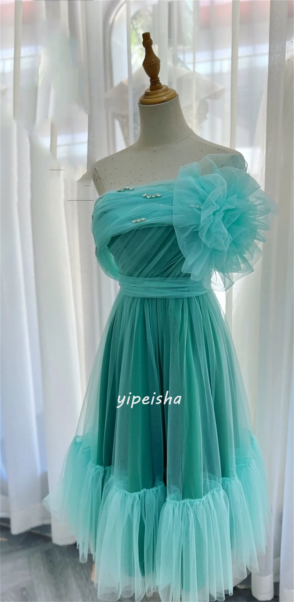 Customized Exquisite Net Sequined Flower Pleat Ruched Handmade Flower A-line One-shoulder Midi Dresses Celebrity Dresses Classic