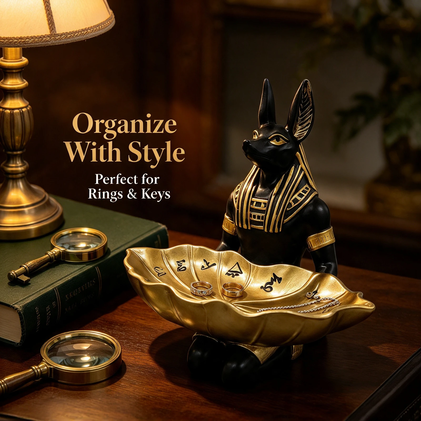 Egyptian Anubis Statue Black Gold, Resin Figurine Holding Bowl, Tray Desktop Storage Organizer Home, Living Room Decor Crafts Gi