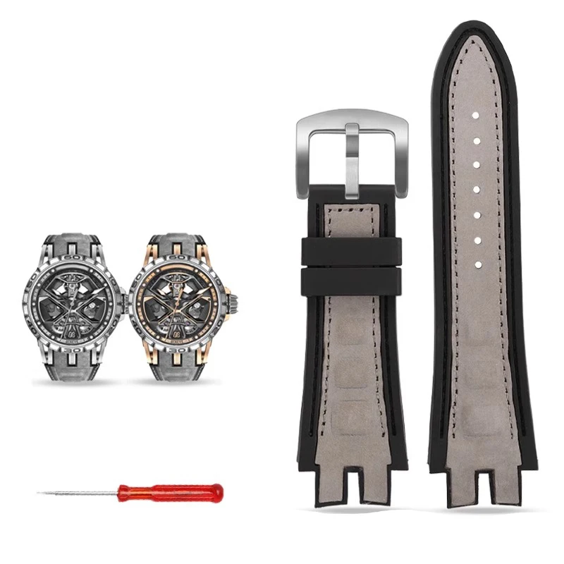 28mm Nubuck Nylon Leather Belt Soft Rubber Back Watch Band Accessories For Roger Dubuis Strap EXCALIBUR Series Pin Buckle