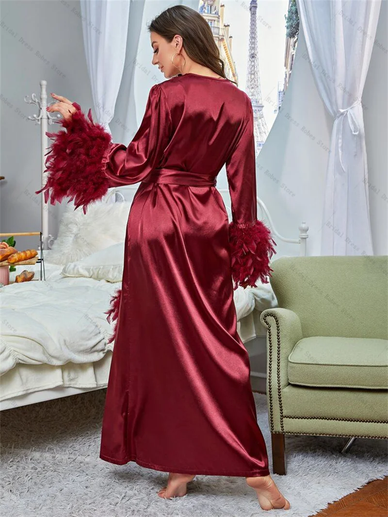 

Burgundy Feather Women Prom Dress For Photo Shoot Sexy Satin V Neck Night Gown Bridal Morning Robe Customized Long Party Skirt