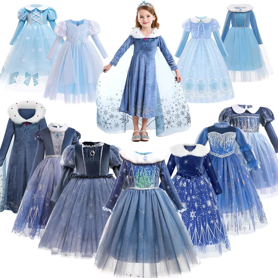 Elsa Princess Dress Autumn Winter Girls Fancy Mesh Snowflake Print Ball Gown For Birthday Carnival Party Christmas Gifts