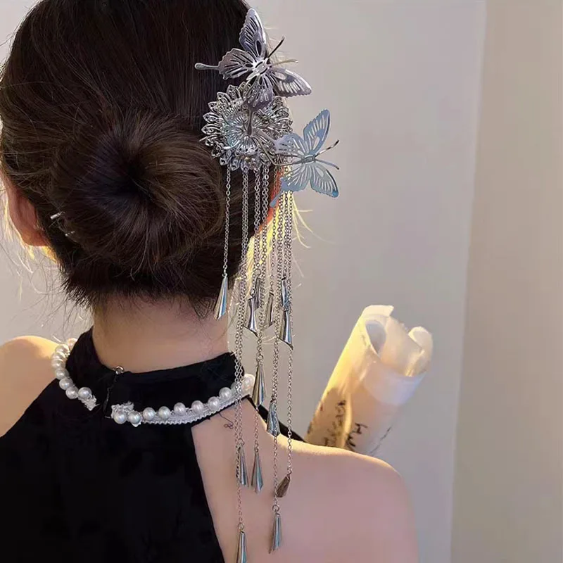 Horquillas de estilo antiguo, borlas plateadas, sombreros Hanfu, horquillas de estilo chino, accesorios para el cabello y sombreros de mujer