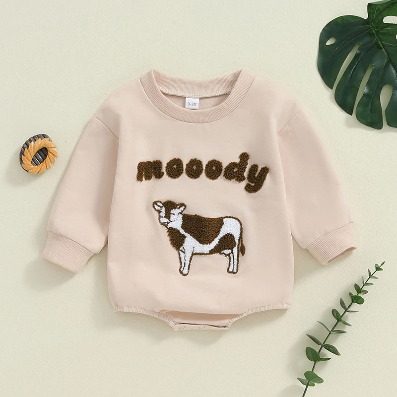 

Toddler Sweatshirt Romper Casual Cow Letter Embroidery Baby Long Sleeve Bodysuits Jumpsuit for Newborn Girl Boy Cute Clothes