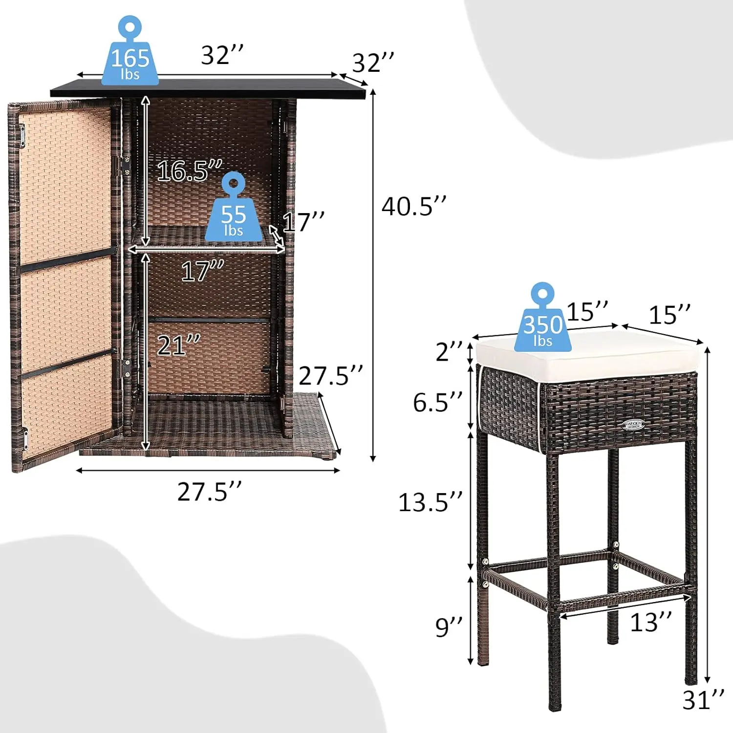 Juego de Bar de ratán para exteriores, muebles de Bar de Patio con 4 taburetes de cojines y mesa superior lisa con estante de almacenamiento oculto, 5 piezas