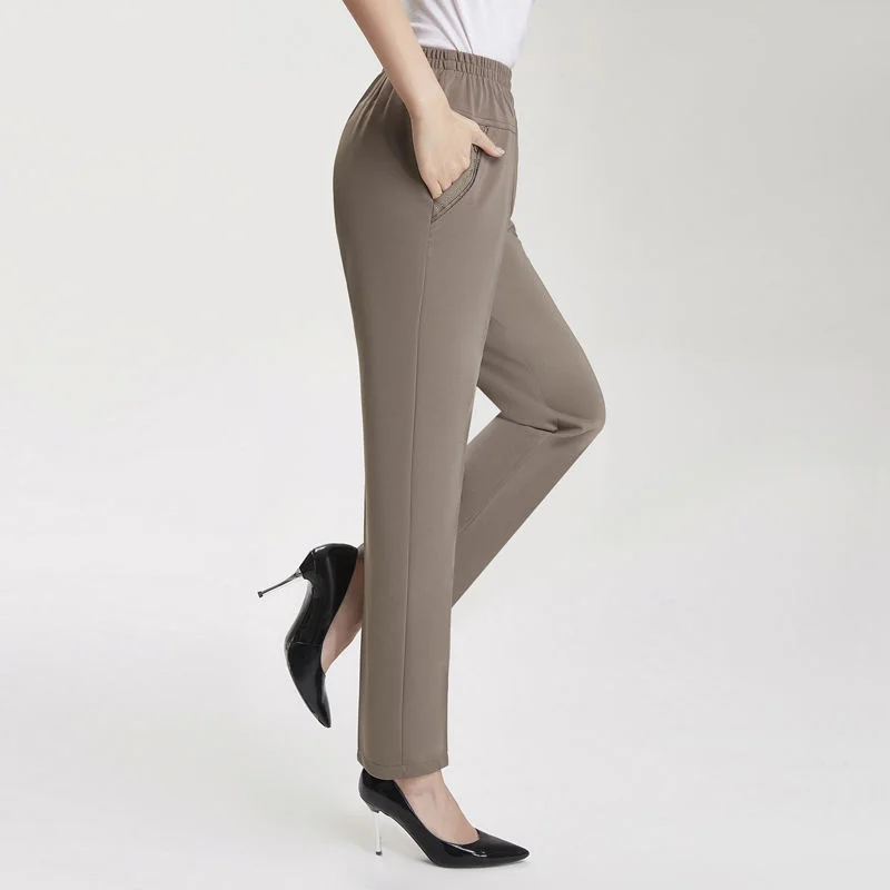 Pantalones de mujer de mediana edad, pantalones sueltos elásticos de cintura alta, ropa femenina, Pantalones rectos informales de Color Solor 3XL